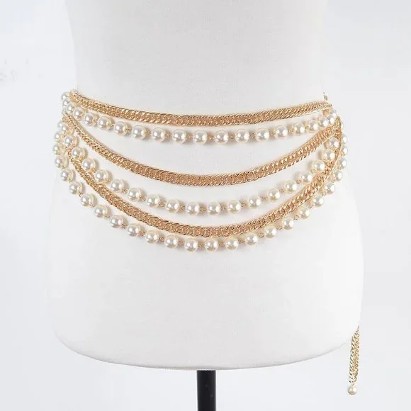 Oversized Layered Faux Pearl and Chain Belt - Picture 1 of 8